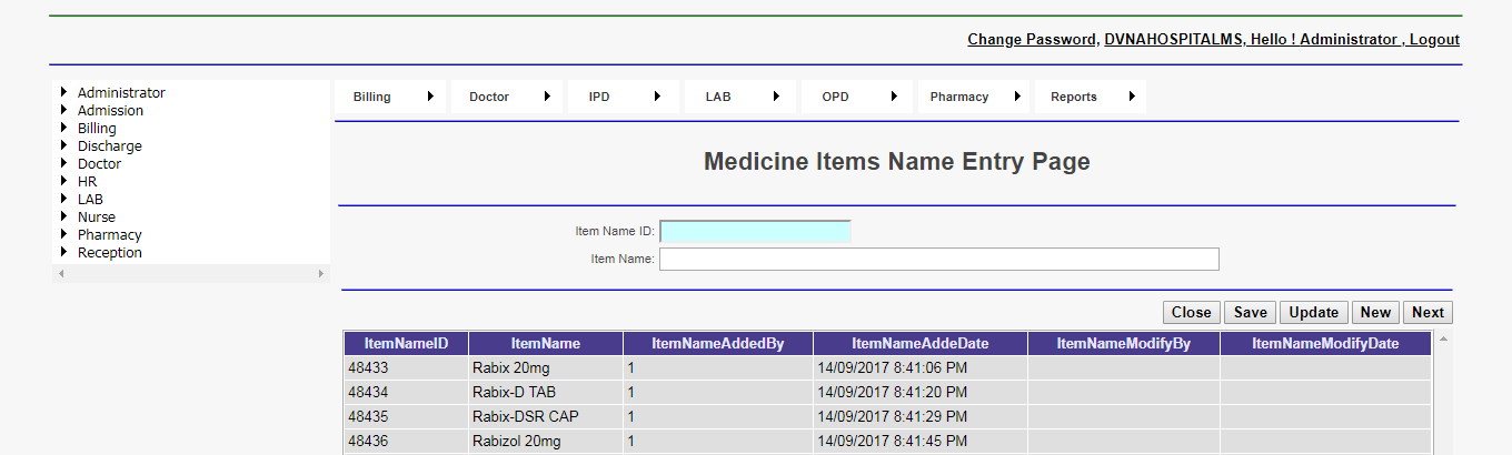 DVNA Hospital Management Software Medicine Items Name Entry Page